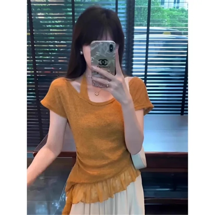法式别致橘色荷叶边挂脖上衣女2025年夏季新款短袖T恤设计感小众