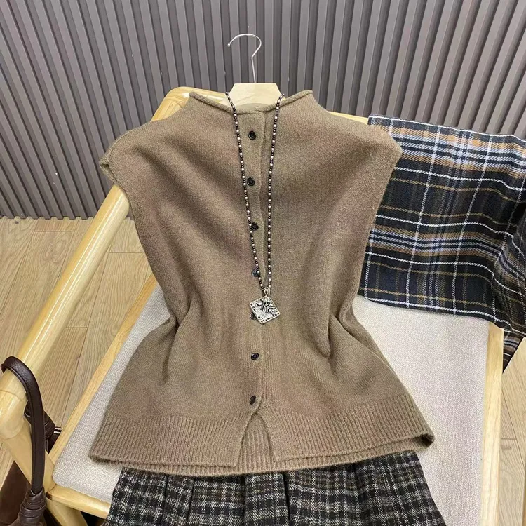 卷边半高领排扣开叉针织马甲叠穿百搭纯色无袖马甲背心女Z1029