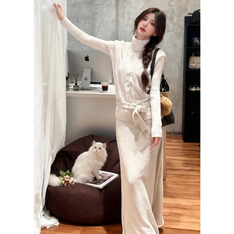 高领针织毛衣连衣裙子女秋冬季2025新款韩系穿搭三件套装包臀长裙