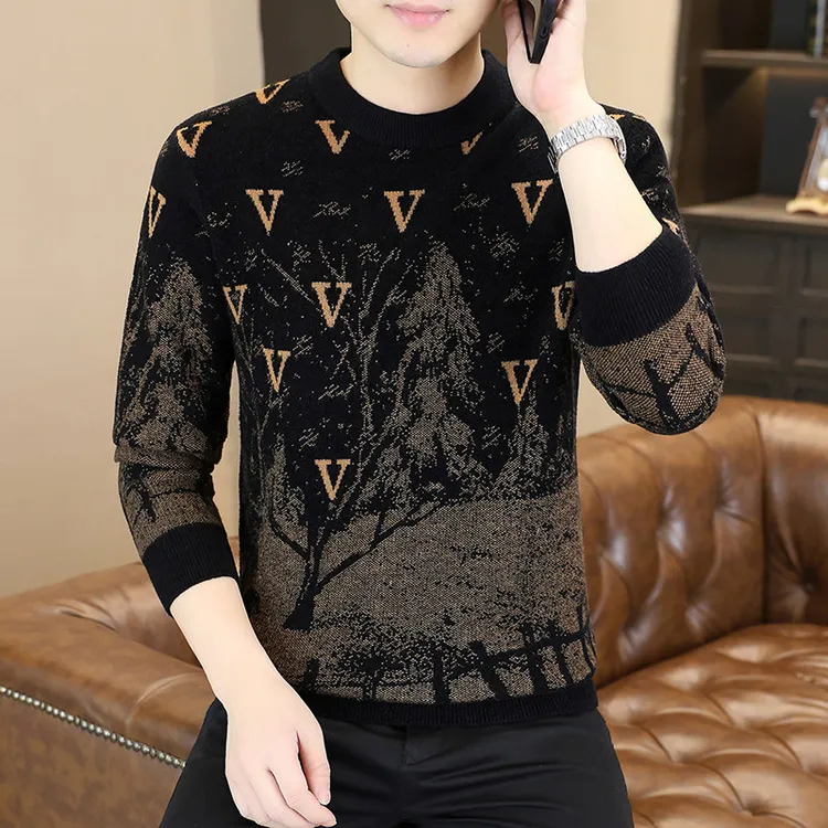 男士冬季新款时尚百搭潮流高品质欧货提花烫标针织加厚毛衣 打底