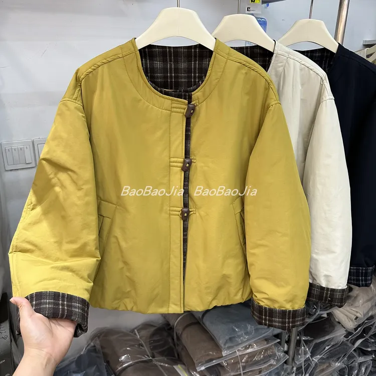 韩系撞色格纹设计轻薄棉衣短外套女2025冬季款小个子圆领夹克上衣