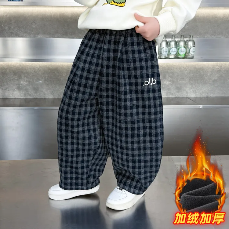 男童加绒裤子秋冬季2025新款儿童弯刀格子宝宝冬装加厚棉裤一体绒