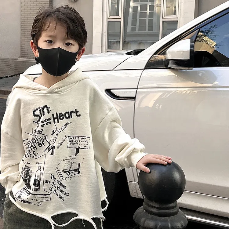 男童春秋款长袖破洞连帽卫衣儿童春季割破涂鸦韩潮酷上衣男孩痞帅