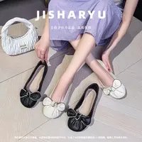 加肥加宽大码女鞋休闲时尚百搭蝴蝶结浅口一脚蹬优雅玛丽珍飘鞋