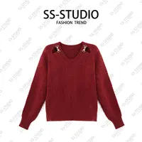 轻奢感设计款镂空针织毛衫女红色气质宽松时髦减龄套头衫SS-1312 