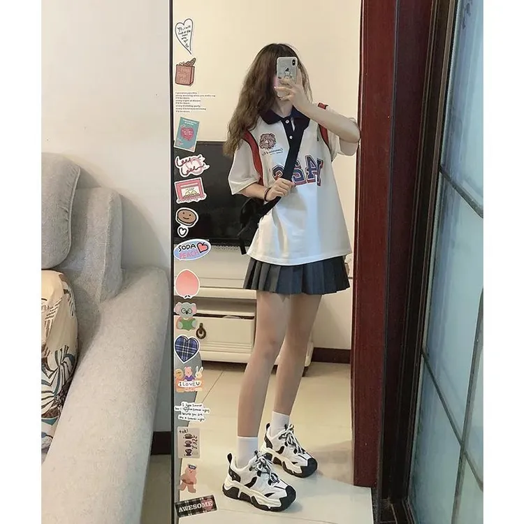 夏季小个子学生运动套装裙少女学院风甜酷短袖T恤百褶短裙两件套
