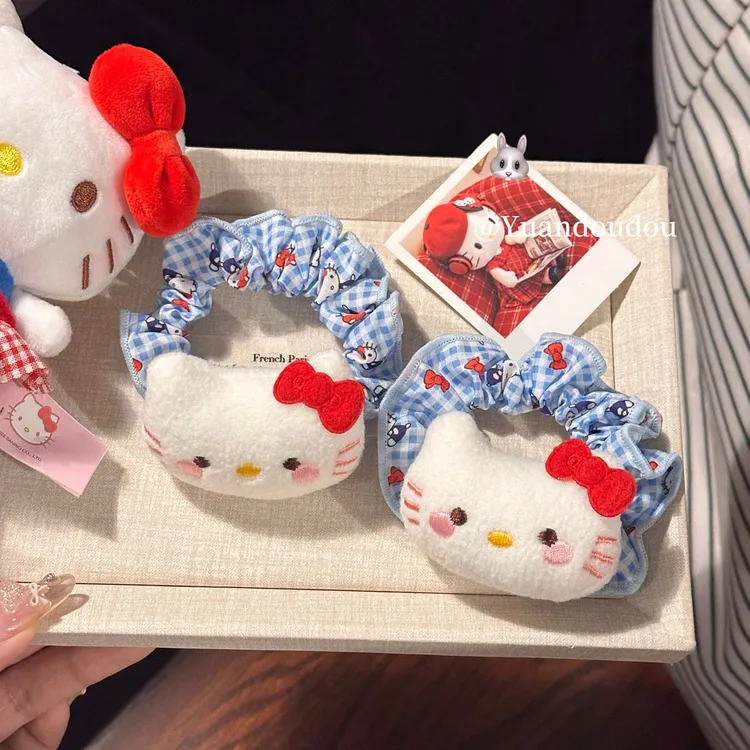 可爱萌趣圆脸Kitty猫蓝格子发圈少女简约感扎马尾高弹力发绳皮筋