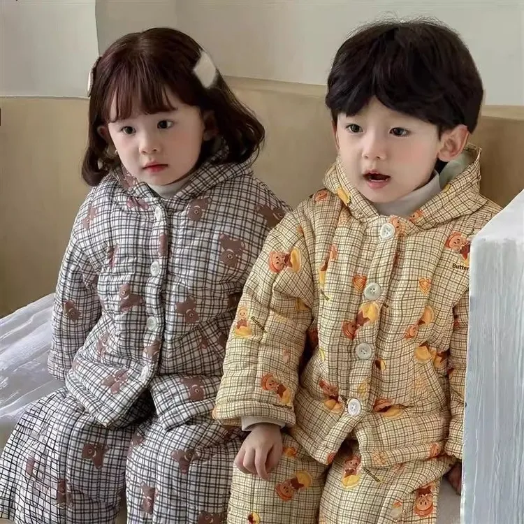 儿童三层夹棉家居服套装25冬季男女童加绒加厚保暖睡衣居家两件套