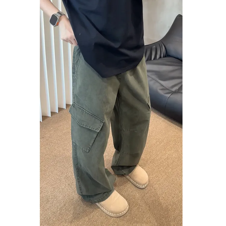 美式休闲多口袋工装裤男水洗复古纯棉男士直筒潮牌弯刀长裤高街