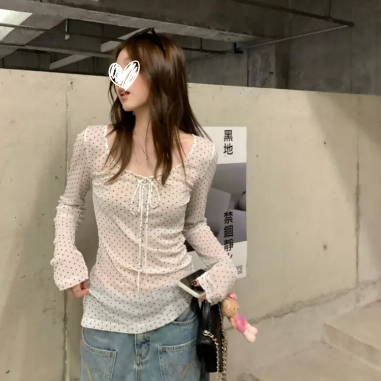 2025秋季新款辣妹风波点系带长袖T恤修身显瘦薄款网纱纯欲女上衣