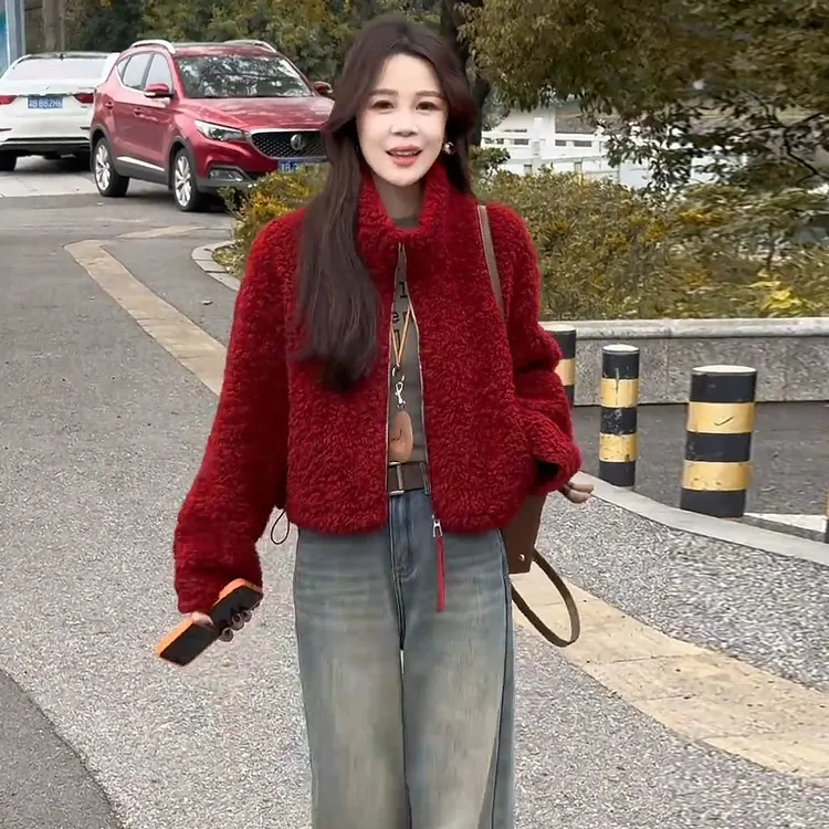 时尚羊羔毛短款外套女2025冬季新款韩版洋气加厚立领保暖毛毛外套