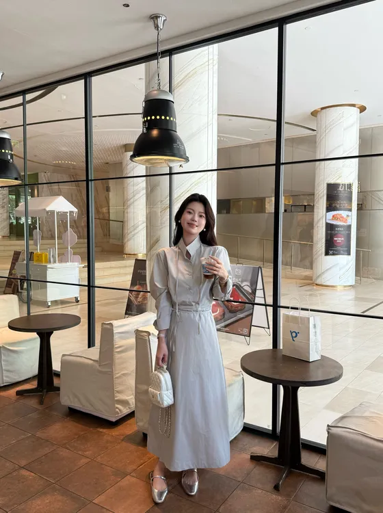 【慢调巴黎】韩系简约一片式气质绑带长裙设计感休闲长袖衬衫连衣裙