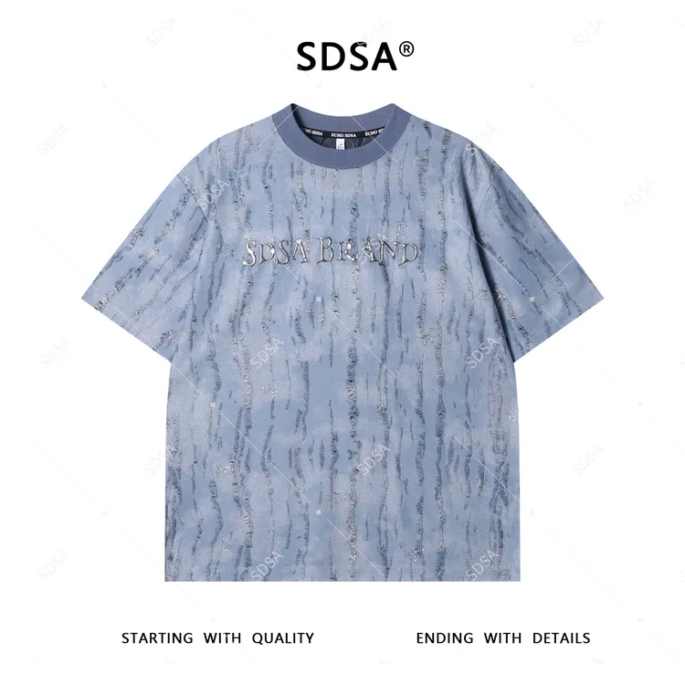 夏季高级感新款男士美式磨破扎染立体字母短袖T恤休闲圆领上衣