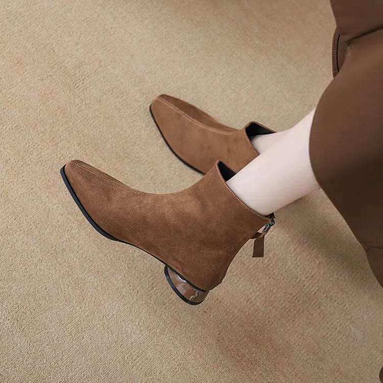 法式复古绒面小短靴女2025秋冬款韩版小方头瘦瘦靴百搭粗跟及裸靴