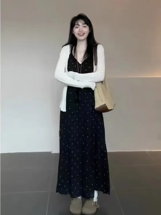 法式黑点点花吊带连衣裙夏季小众纯欲风气质显瘦长裙