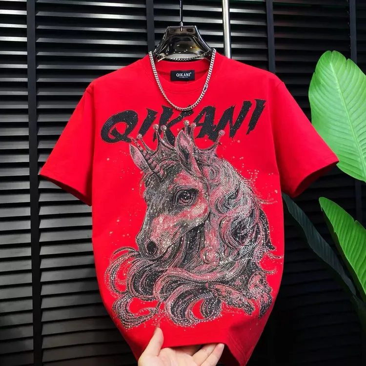 冬季烫钻短袖宽松型时尚圆领个性冬季印花T恤