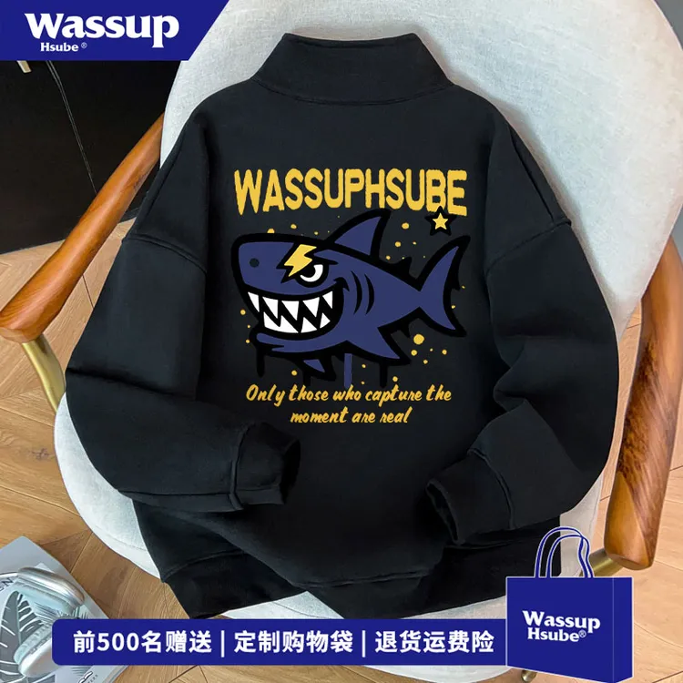 WASSUP HSUBE 秋冬季百搭黑色立领上衣高街创意鲨鱼印花半拉卫衣