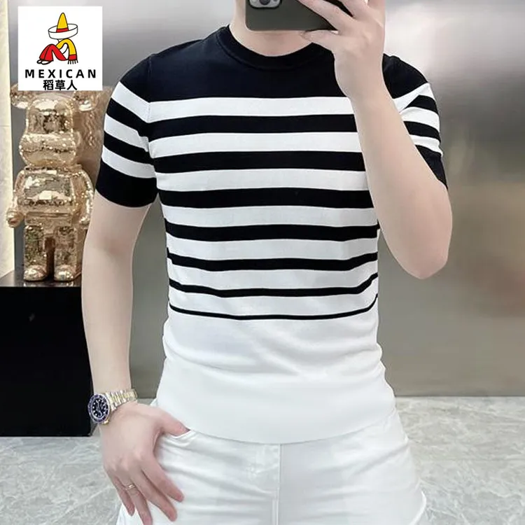 稻草人高档夏季短袖T恤男薄款时尚圆领针织半袖上衣服休专柜品质