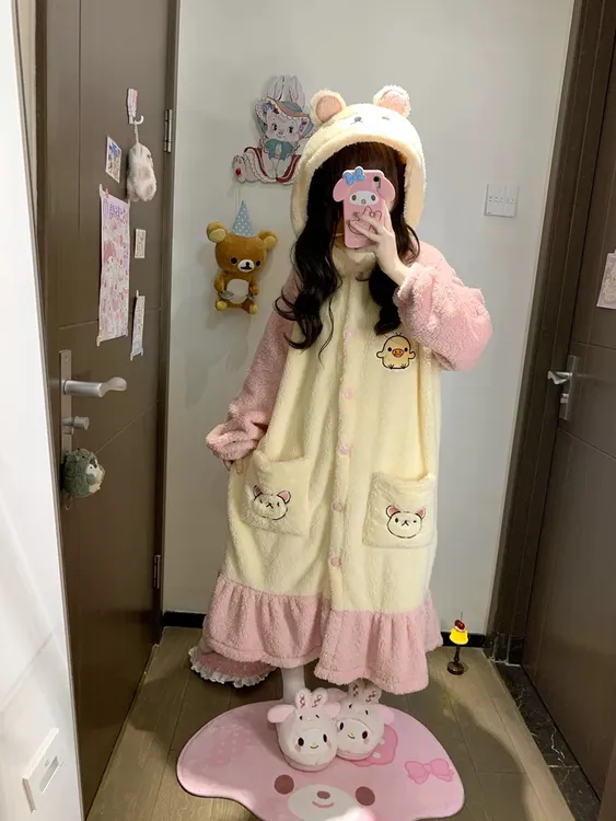 卡通可爱ins轻松熊睡衣女秋冬季珊瑚绒加厚加绒法兰绒睡袍家居服
