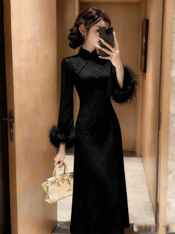 高级黑新中式旗袍敬酒服加绒加厚订婚结婚礼服裙女高级感回门婚礼