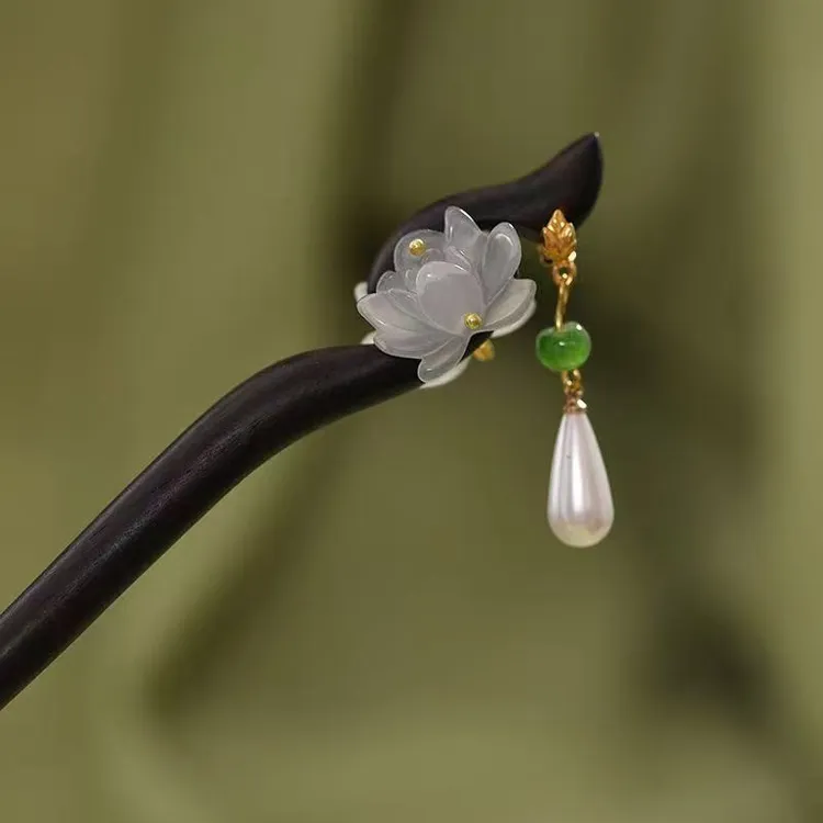 古风双面莲花檀木簪子女中式步摇流苏盘发簪子简约发钗旗袍头饰
