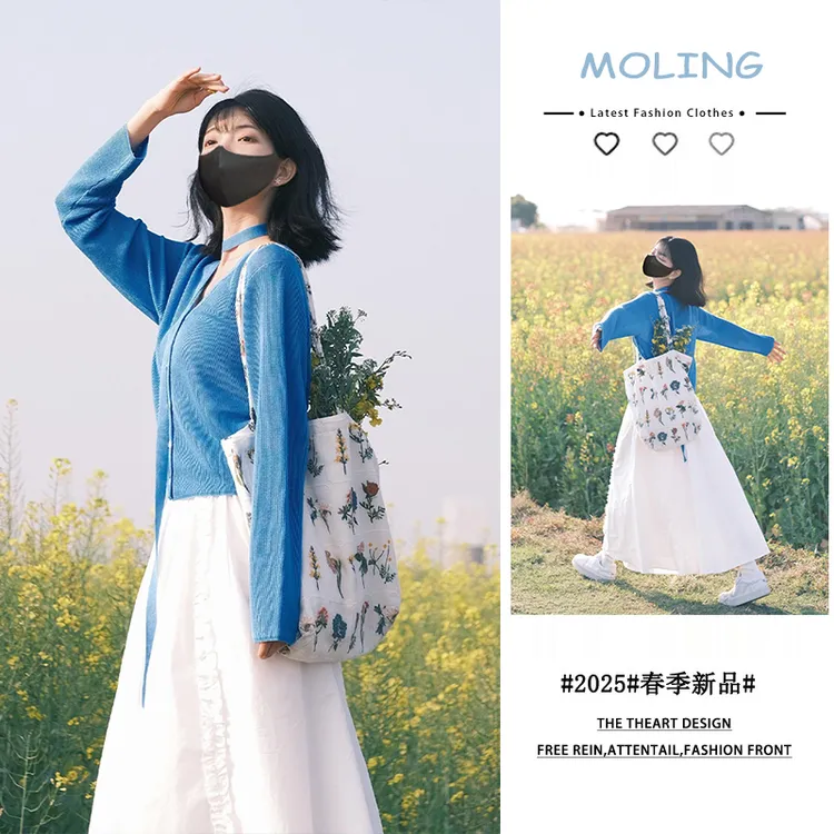 早春韩系穿搭一整套女装2025新款休闲蓝色针织衫气质半身群两件套