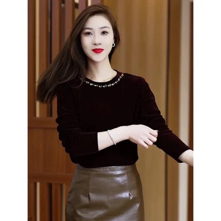x7850#黑色金丝绒长袖T恤女秋季新款气质内搭打底衫时尚烫钻上衣