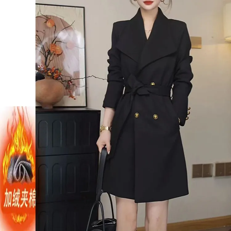 冬季新款时尚大领口风衣外套高级感收腰双排扣羊毛大衣