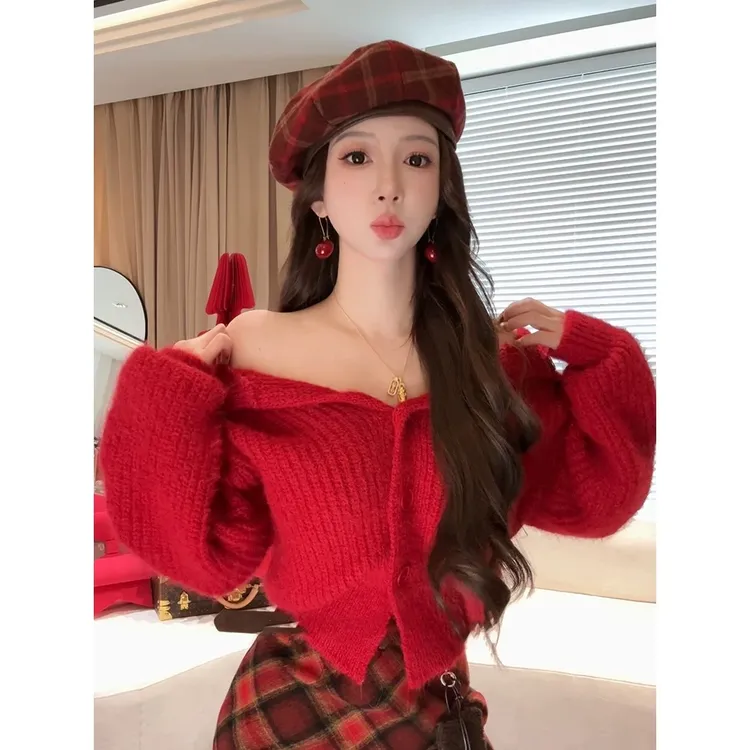 【大喜人生】时尚单排扣大翻领针织毛衣高腰格纹半裙套装冬季新款