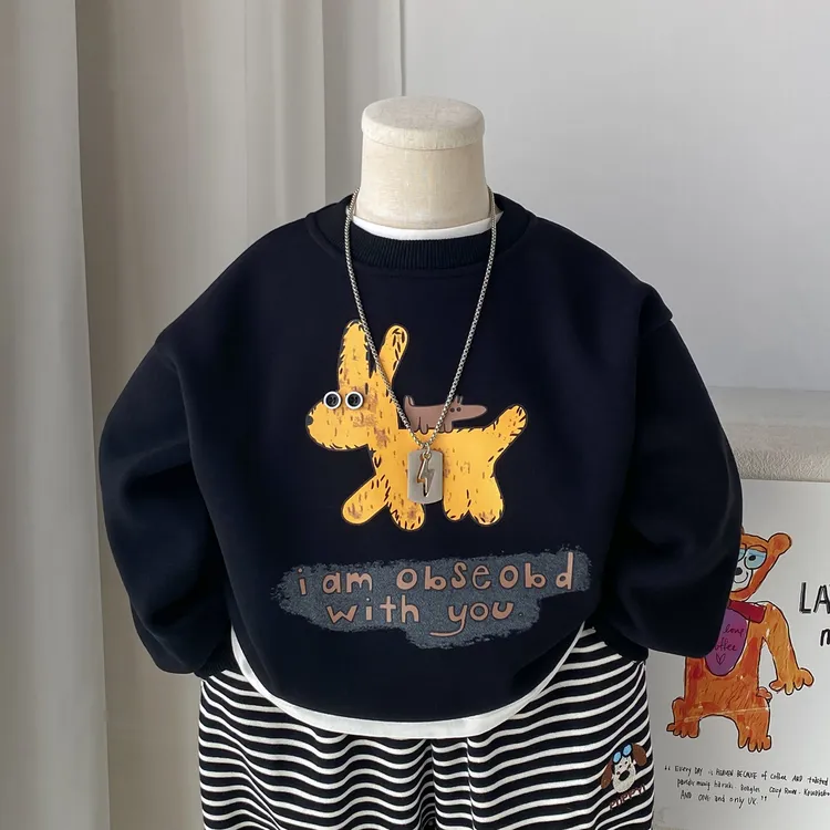 男童加绒卫衣2025冬装新款儿童长袖打底衫时髦酷帅男孩圆领上衣潮