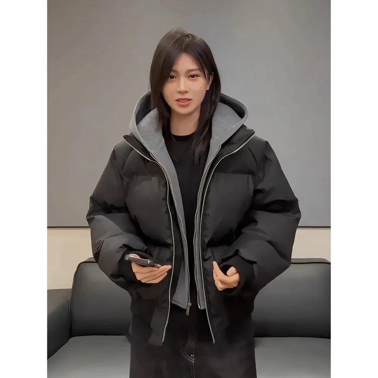 黑色短宽boxy假两件羽绒棉服男冬季加厚保暖叠穿cleanfit连帽外套
