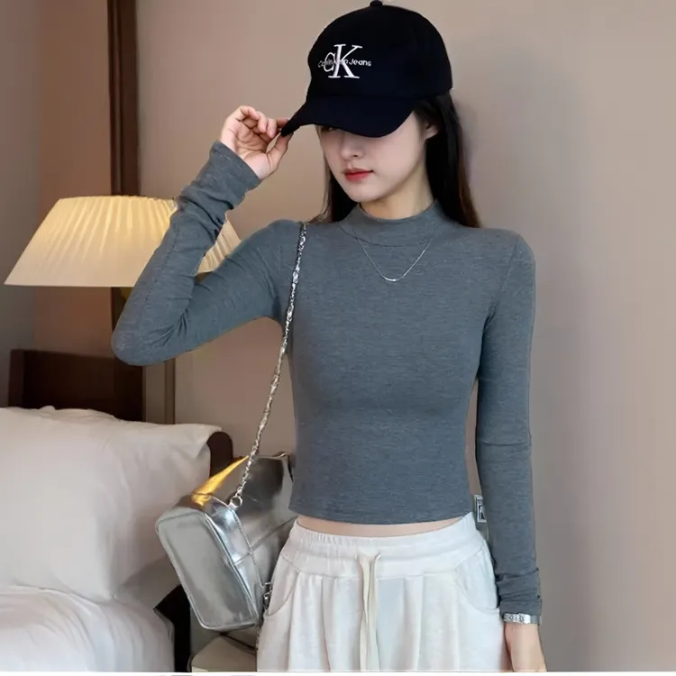 秋冬半高领黑色紧身加绒双面绒打底衫显瘦内搭洋气长袖女短款上衣