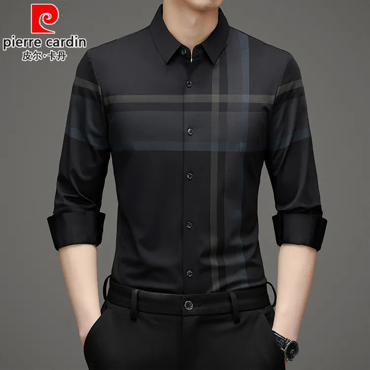 皮尔卡丹长袖衬衫男士春秋新款中年商务休闲高档无痕弹力格子衬衣