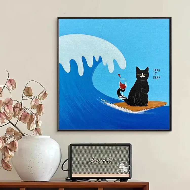 搞怪小猫趣味装饰画ins风小众艺术餐厅挂画卡通复古卧室客厅摆画