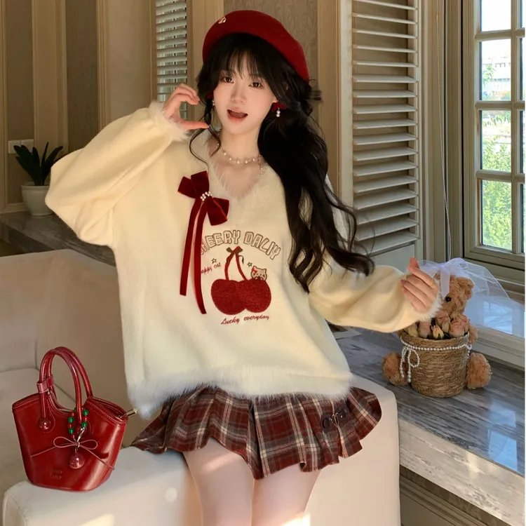 Blovelan甜美水貂绒毛边V领套头毛衣+短裙格纹a字高腰百褶半身裙