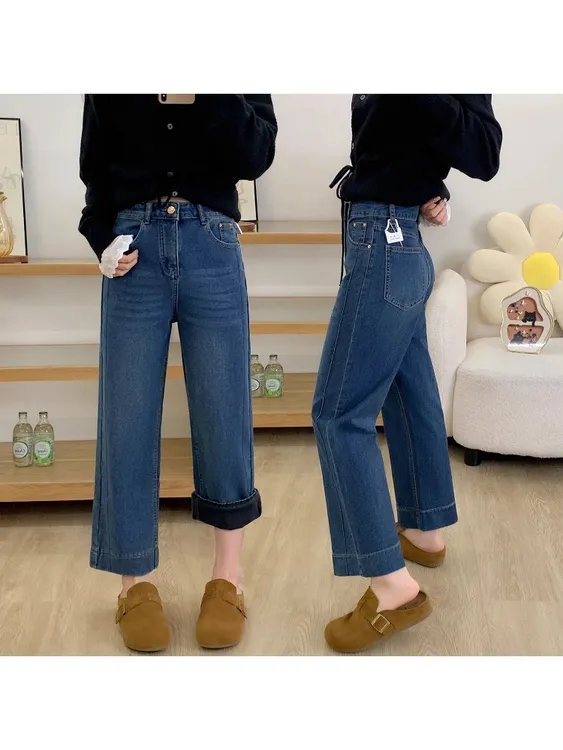 加绒加厚蓝色直筒牛仔裤女秋冬新款胖mm梨形身材高腰显瘦九分裤子