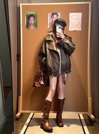 高端肌理感阔版双领机车皮衣女春秋时尚宽松显瘦