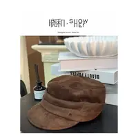 SHOW HER  麂皮绒褶皱马术平顶帽女复古做旧休闲报童帽贝雷帽子