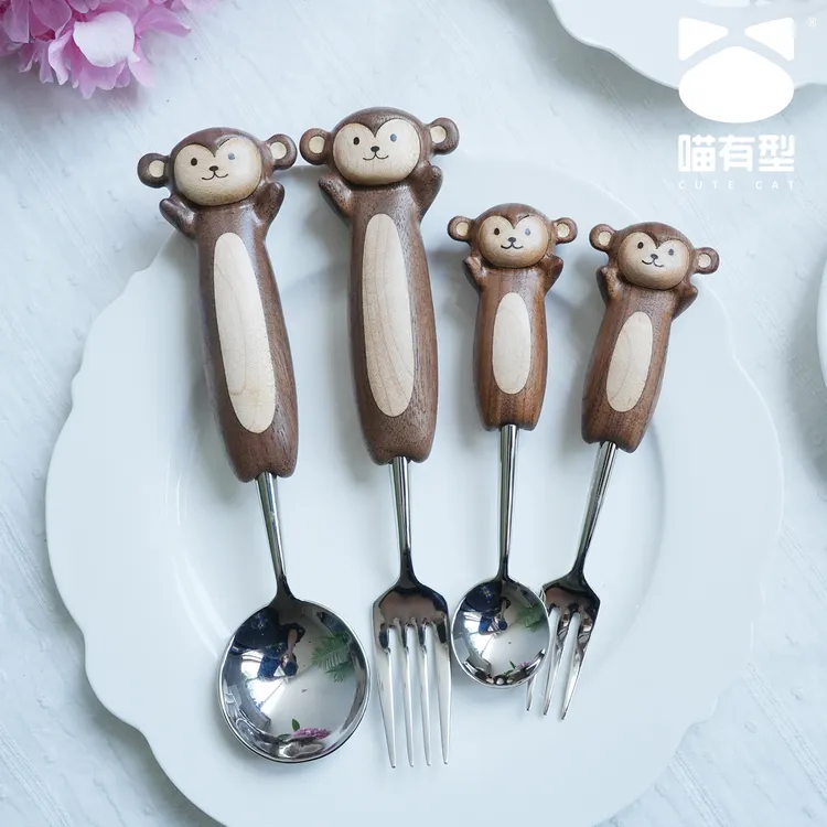 喵有型小猴不锈钢实木吃饭勺子叉子黑悟空甜品可爱儿童餐具