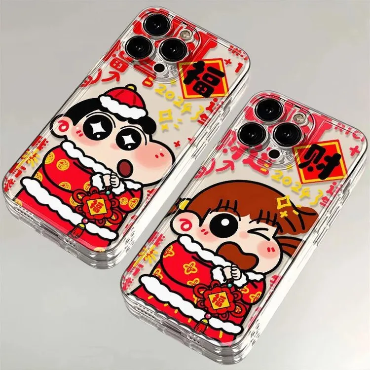 蜡笔小新拜年适用苹果15手机壳16防摔13promax全包12软11高级感