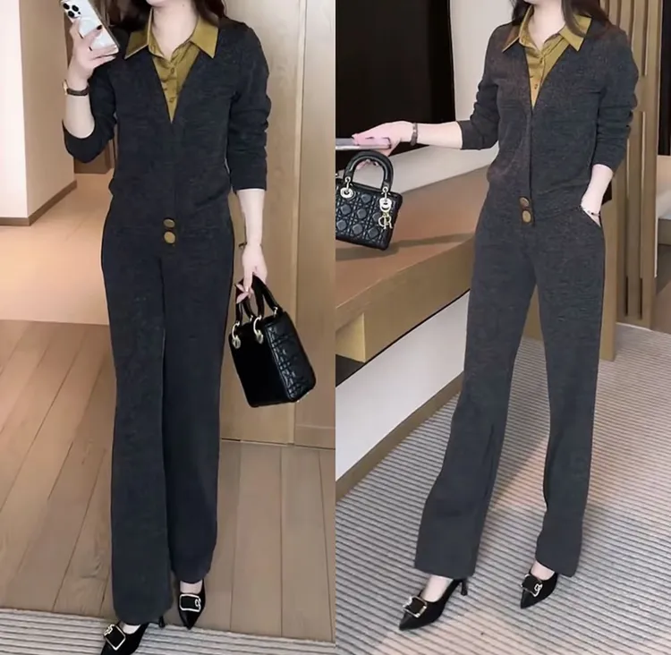 时尚休闲套装女2025秋季新款时髦洋气假两件上衣直筒裤运动两件套
