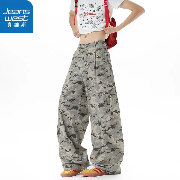 真维斯迷彩工装牛仔裤男女潮牌秋季新款宽松直筒休闲阔腿弯刀裤