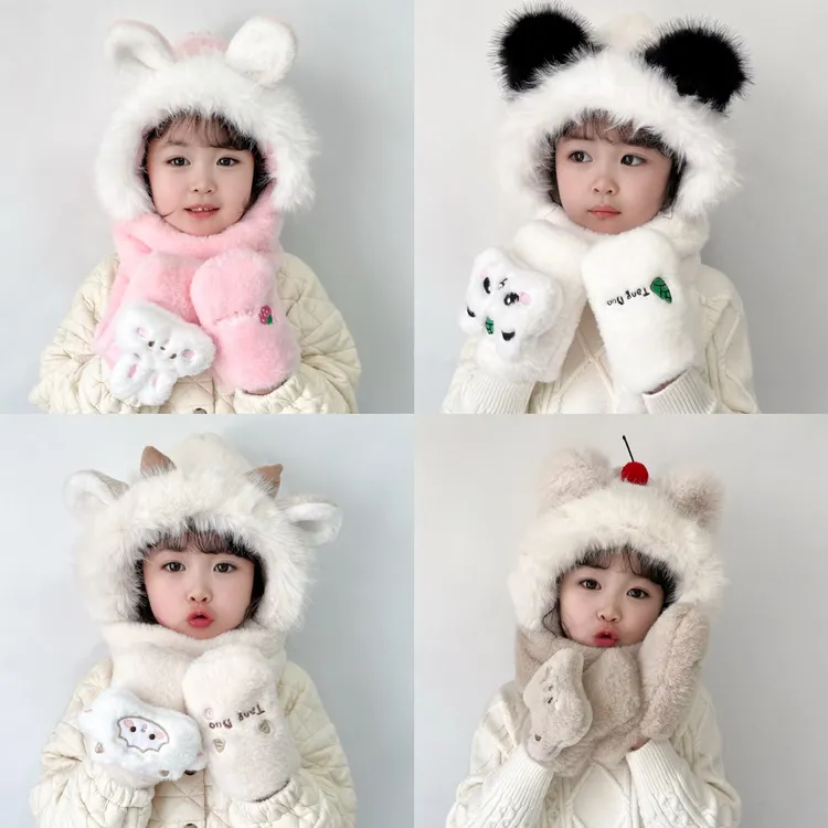 卡通风甜美可爱2025年围巾帽子手套一体儿童护耳帽加绒套头帽