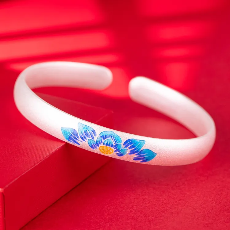 足银手镯 珐琅手饰女999纯银新款实心莲花镯子妈妈款母亲节礼物