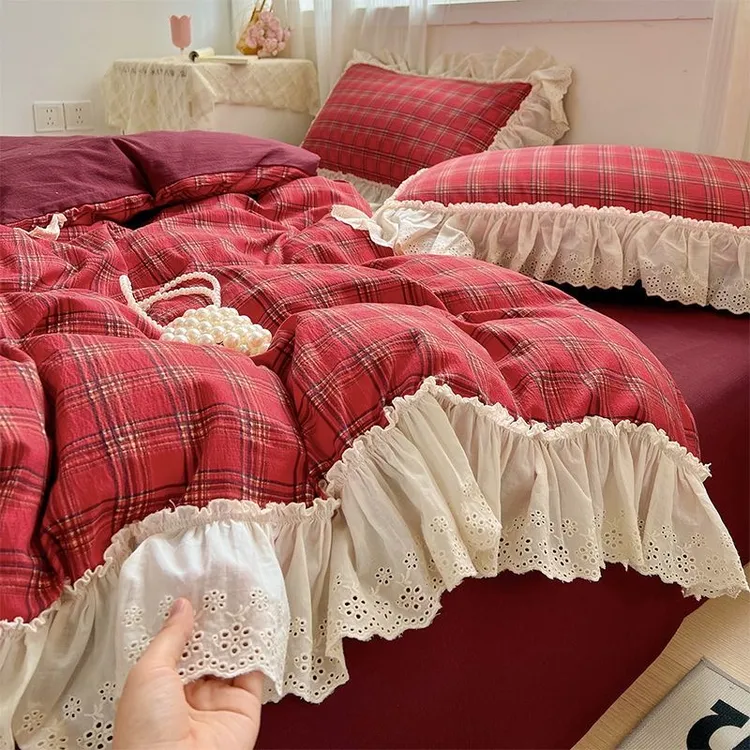 复古格子雷斯花边四件套