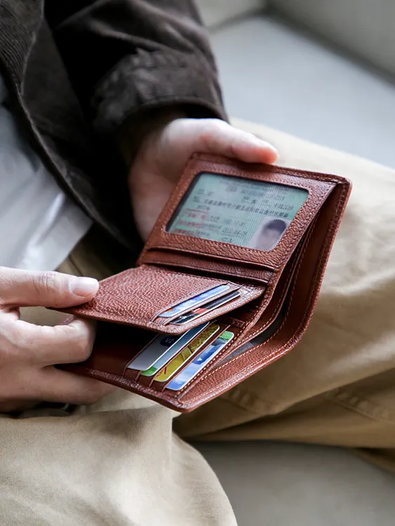 简约短款钱包复古植鞣男士两折零钱包驾照行驶证银行卡包零钱夹子