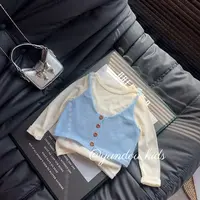 【真两件】秋上新女童蓝色针织背心开扣衬衣长袖两件套洋气