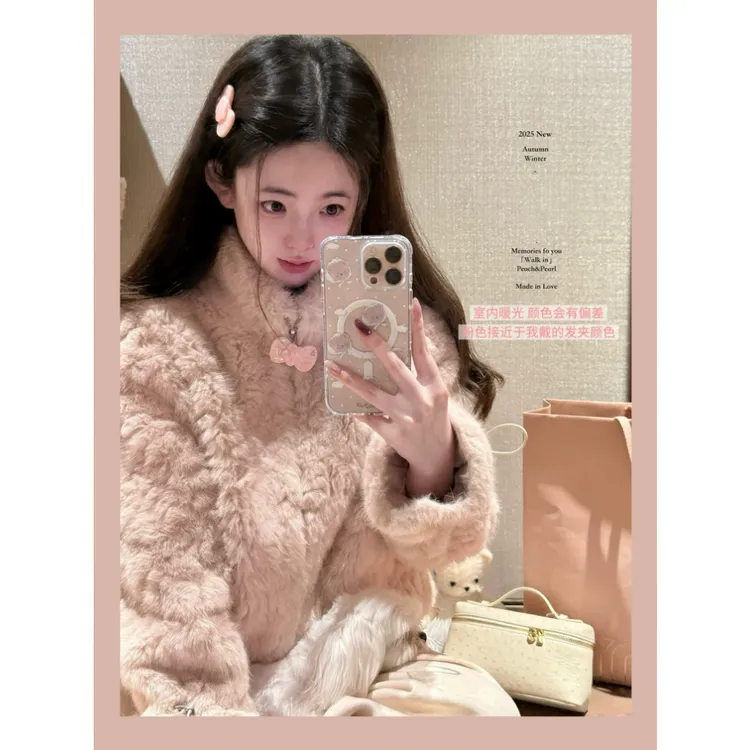 “小熊冬日walk” 日常通勤保暖环保皮毛一体外套女冬立领毛毛上衣