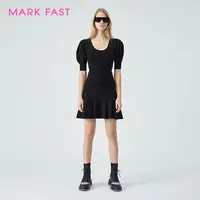 MARKFAST设计师品牌黑色泡泡袖针织连衣裙女夏M1DCW04220