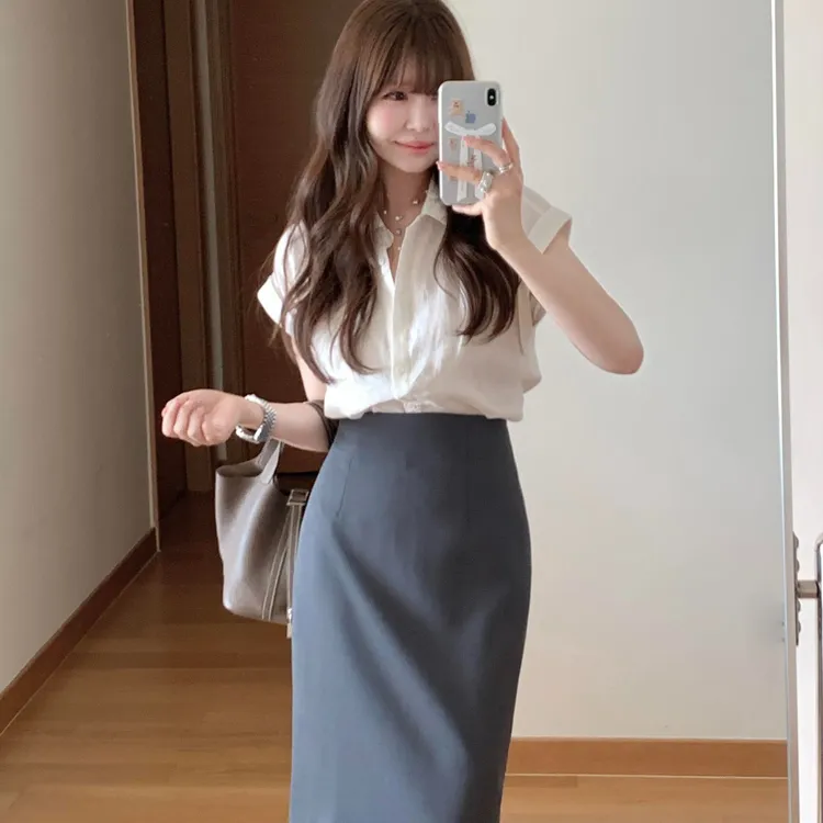 法式轻熟风短袖衬衫女夏季小众高级感卷边无袖上衣高腰包臀裙子